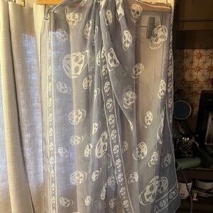 McQueen Inspired Sheer Light Blue Silk Skull Print Scarf
